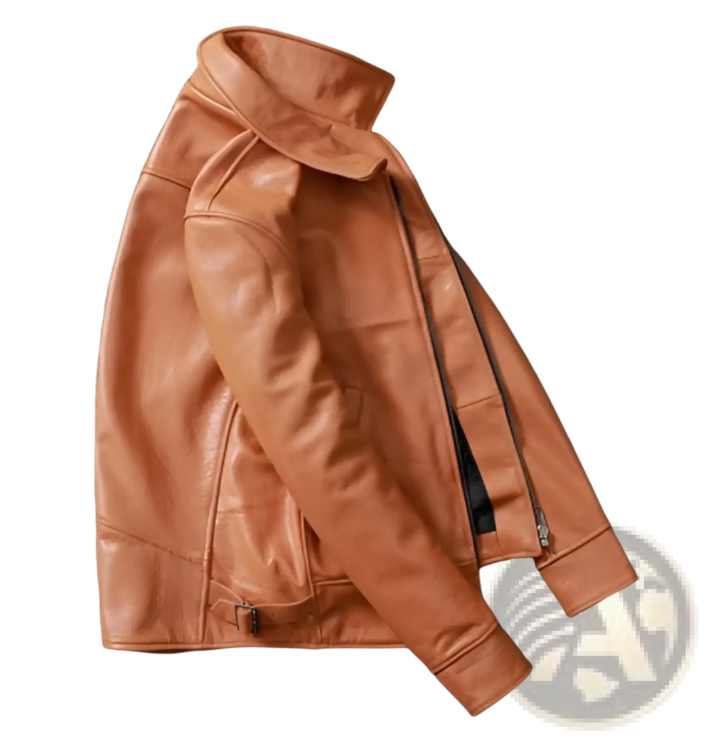 Men’s tan cowhide leather motorcycle jacket with classic collar and zipper closure in tan leather