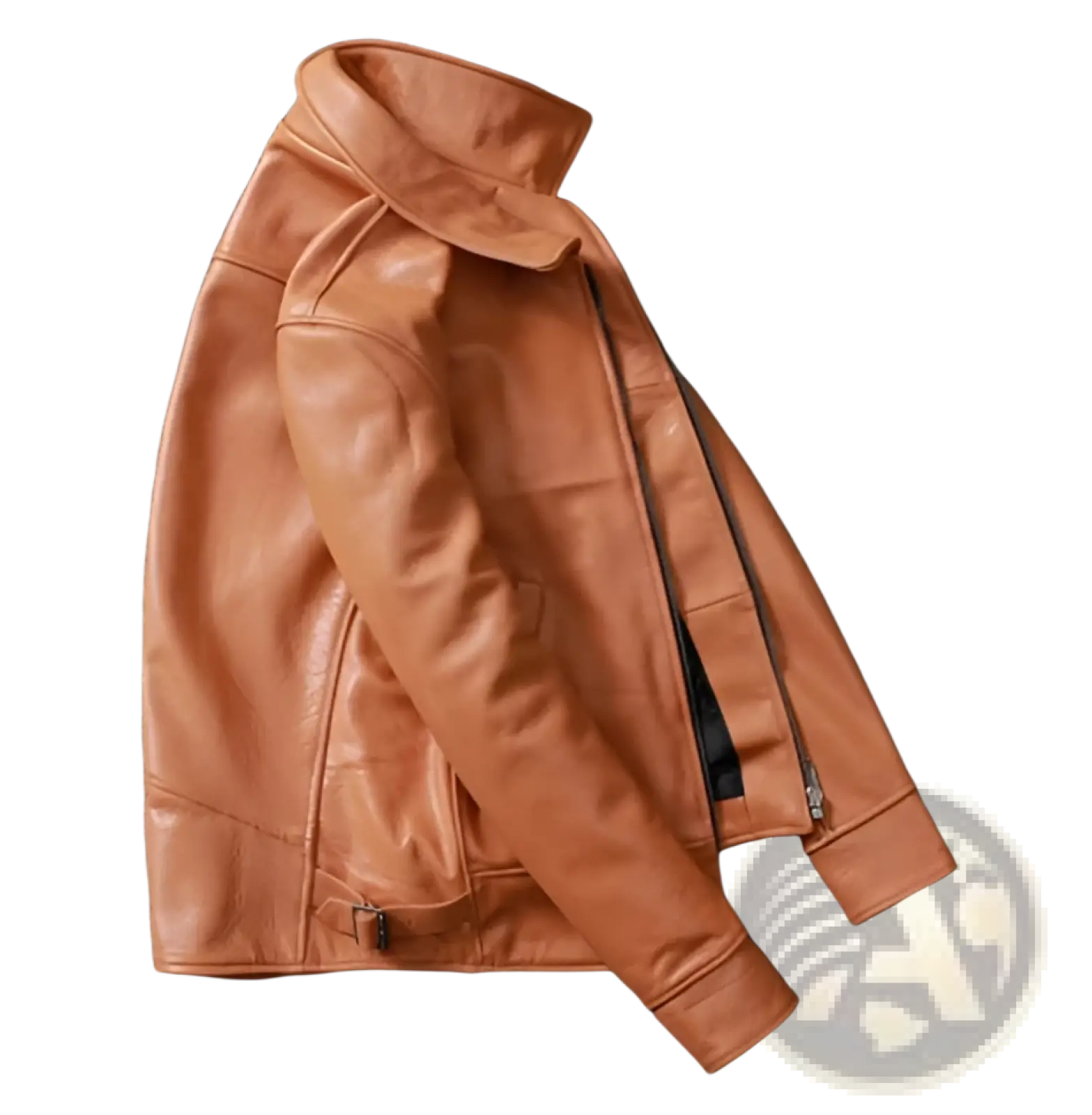 Men’s tan cowhide leather motorcycle jacket with classic collar and zipper closure in tan leather