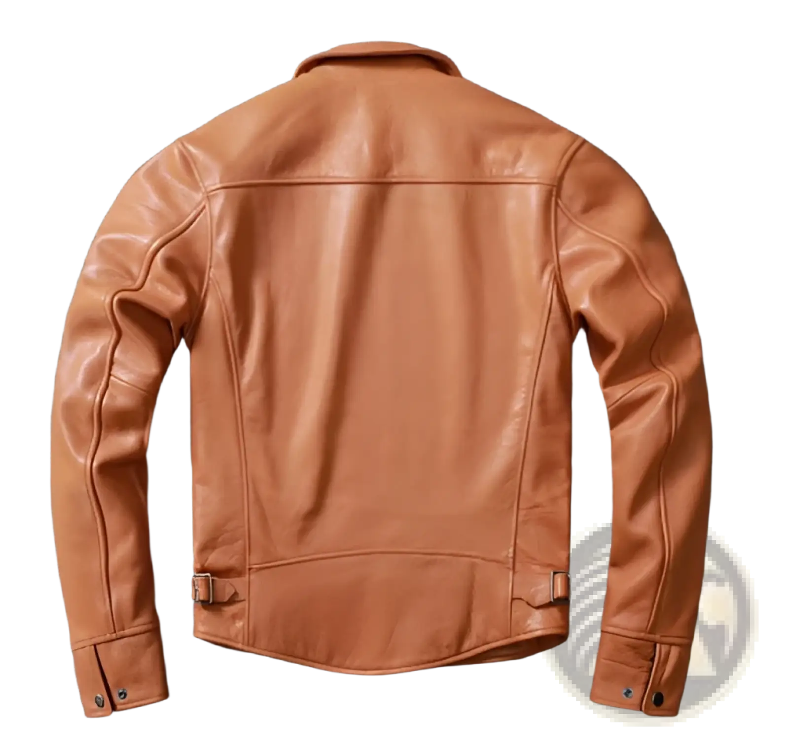 Men’s tan cowhide leather motorcycle jacket with classic tailored fit and subtle stitching details