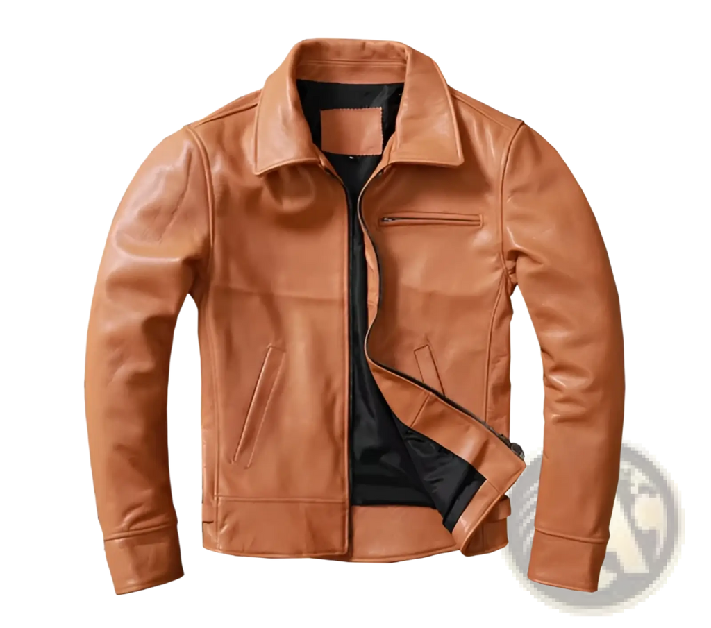 Men’s tan cowhide leather motorcycle jacket with classic collar and front zipper for rugged outerwear use