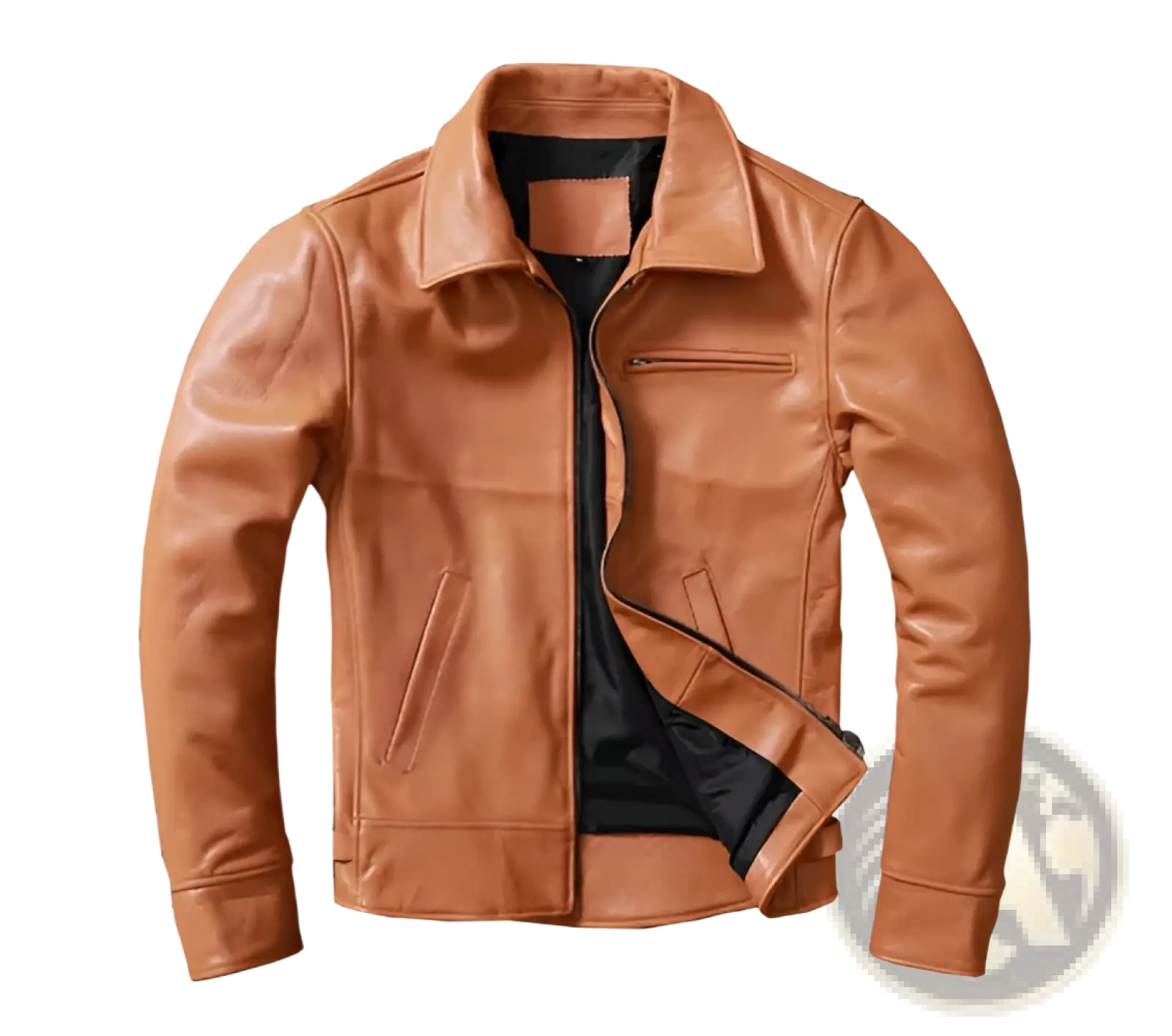 Men’s tan cowhide leather motorcycle jacket with classic collar and front zipper for rugged outerwear use