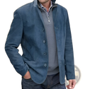 Men’s navy blue suede blazer with stand-up collar and button closures for a stylish retro casual look