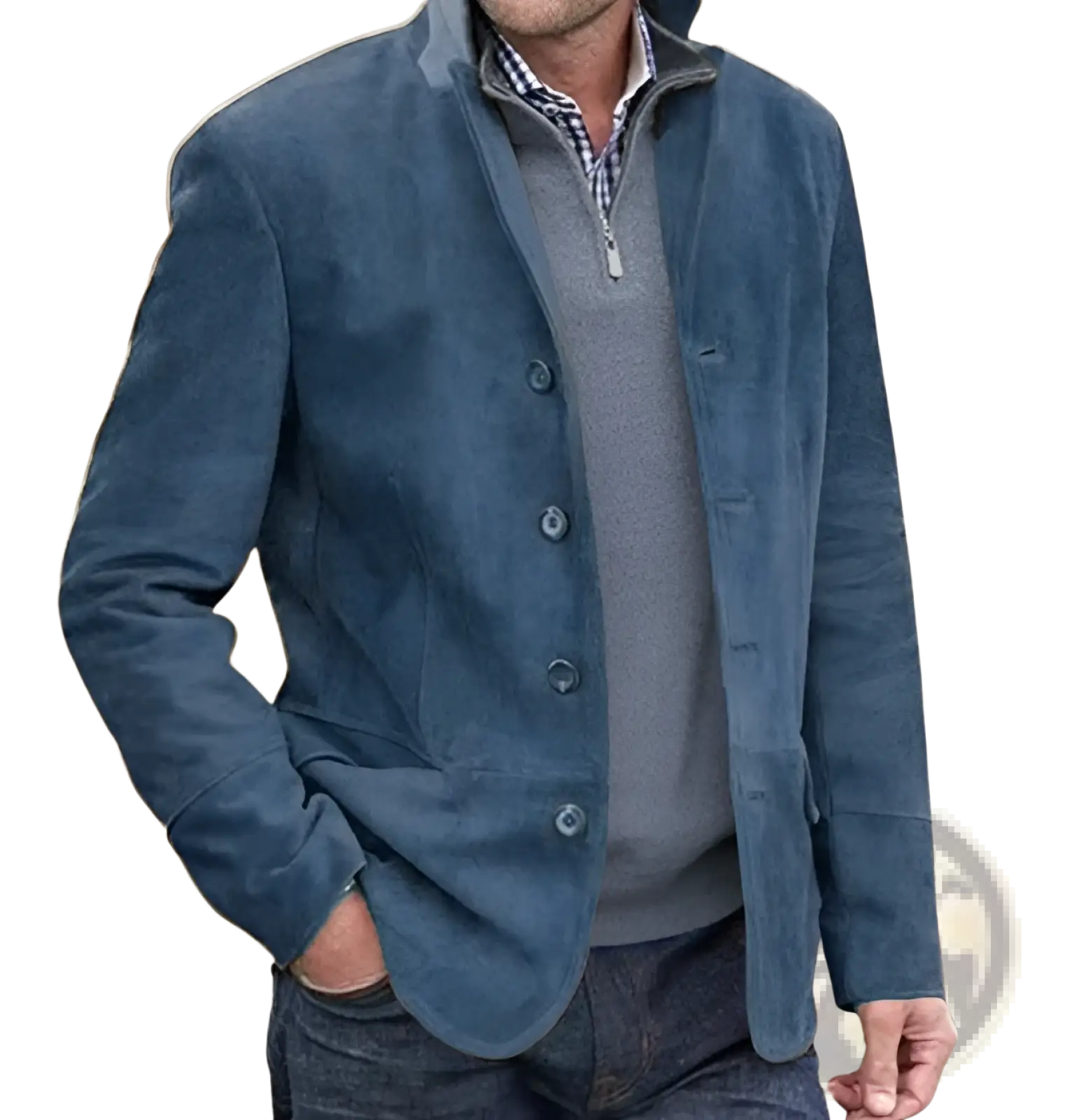 Men’s navy blue suede blazer with stand-up collar and button closures for a stylish retro casual look