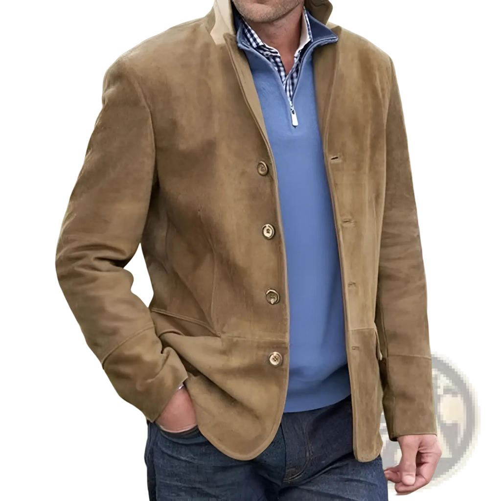 Men’s tan suede retro casual blazer jacket with collar and button closures for stylish everyday wear