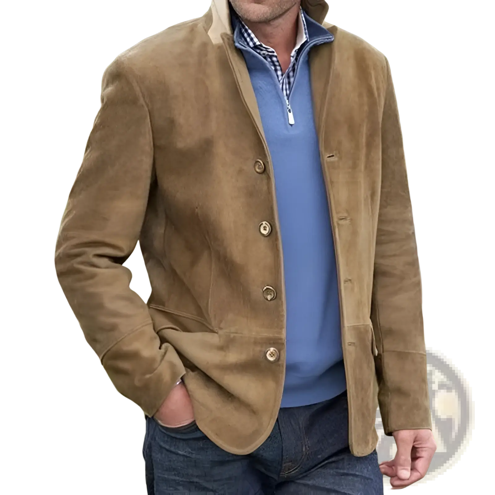 Men’s tan suede retro casual blazer jacket with collar and button closures for stylish everyday wear