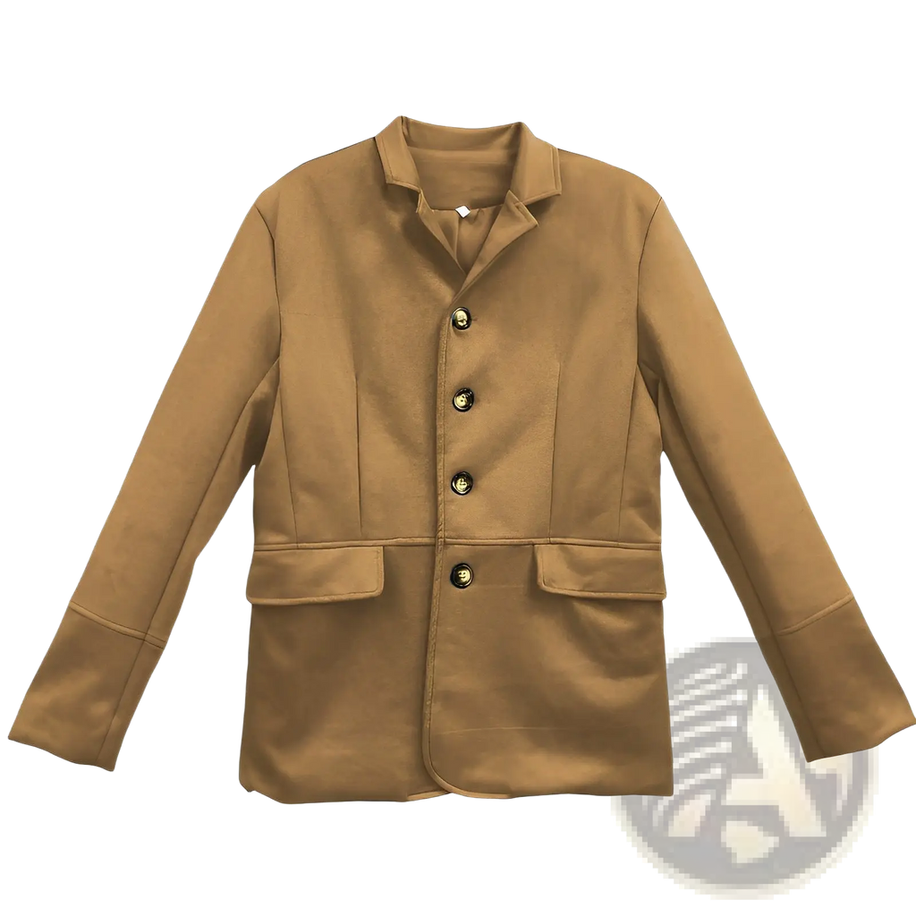 Men’s tan suede retro casual blazer jacket with black buttons and flap pockets in tan wool material