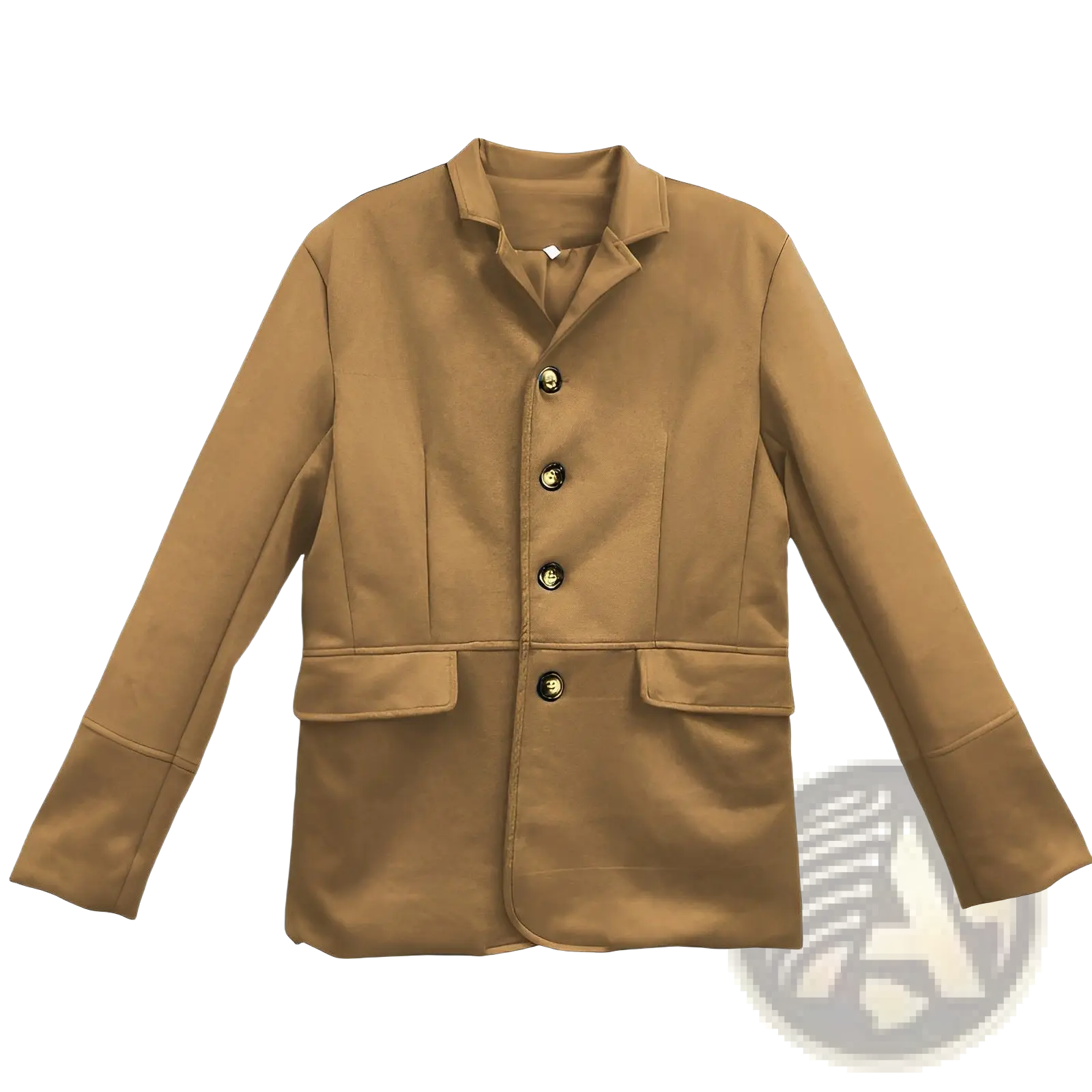 Men’s tan suede retro casual blazer jacket with black buttons and flap pockets in tan wool material