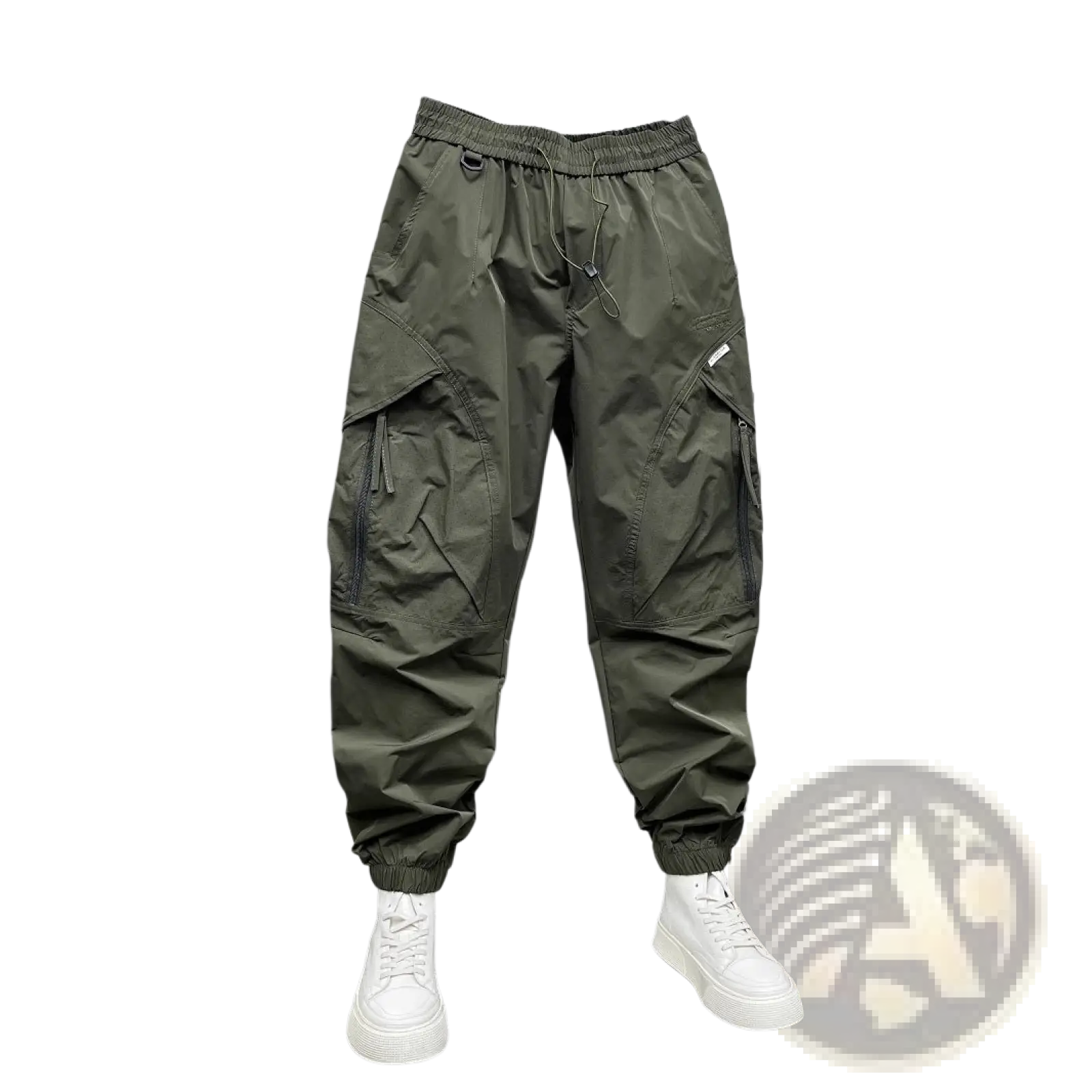 Men’s olive green tapered cargo joggers with multiple pockets elastic cuffs and elastic waist for casual wear