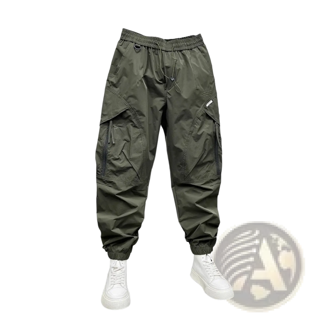Men’s olive green tapered cargo joggers with multiple pockets elastic cuffs and elastic waist for casual wear