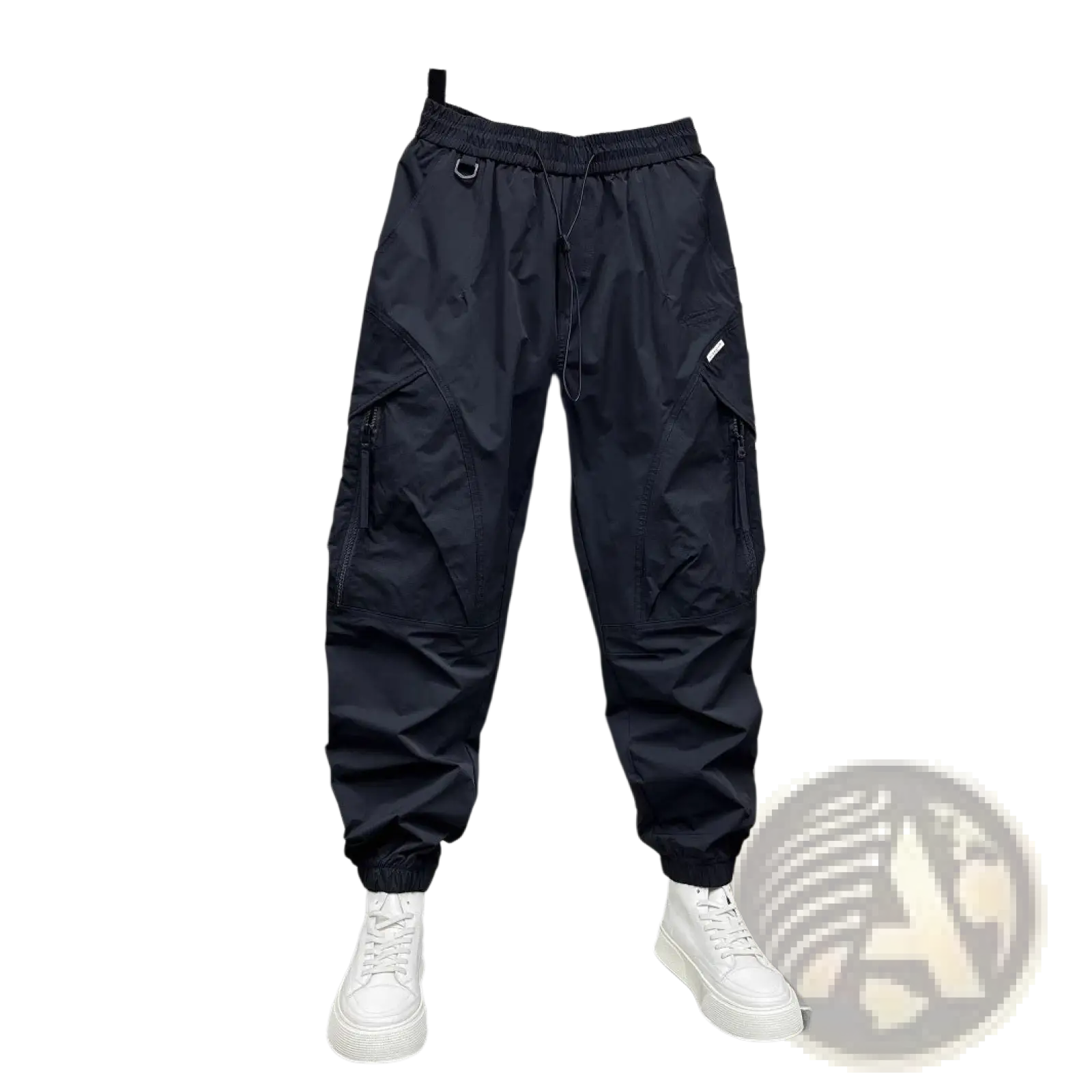Men’s tapered black cargo joggers with elastic waistband drawstring zippered pockets and tapered cuffs