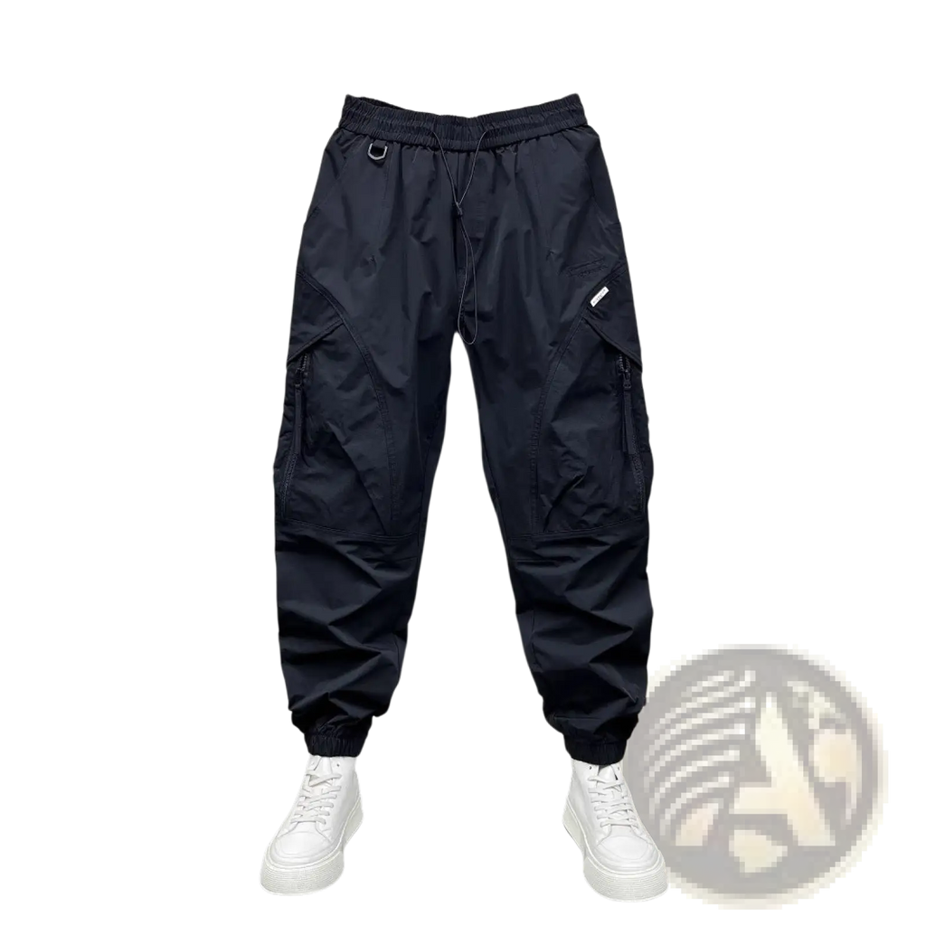 Men’s tapered cargo joggers in black with elastic waistband, drawstring, multiple pockets, and tapered legs
