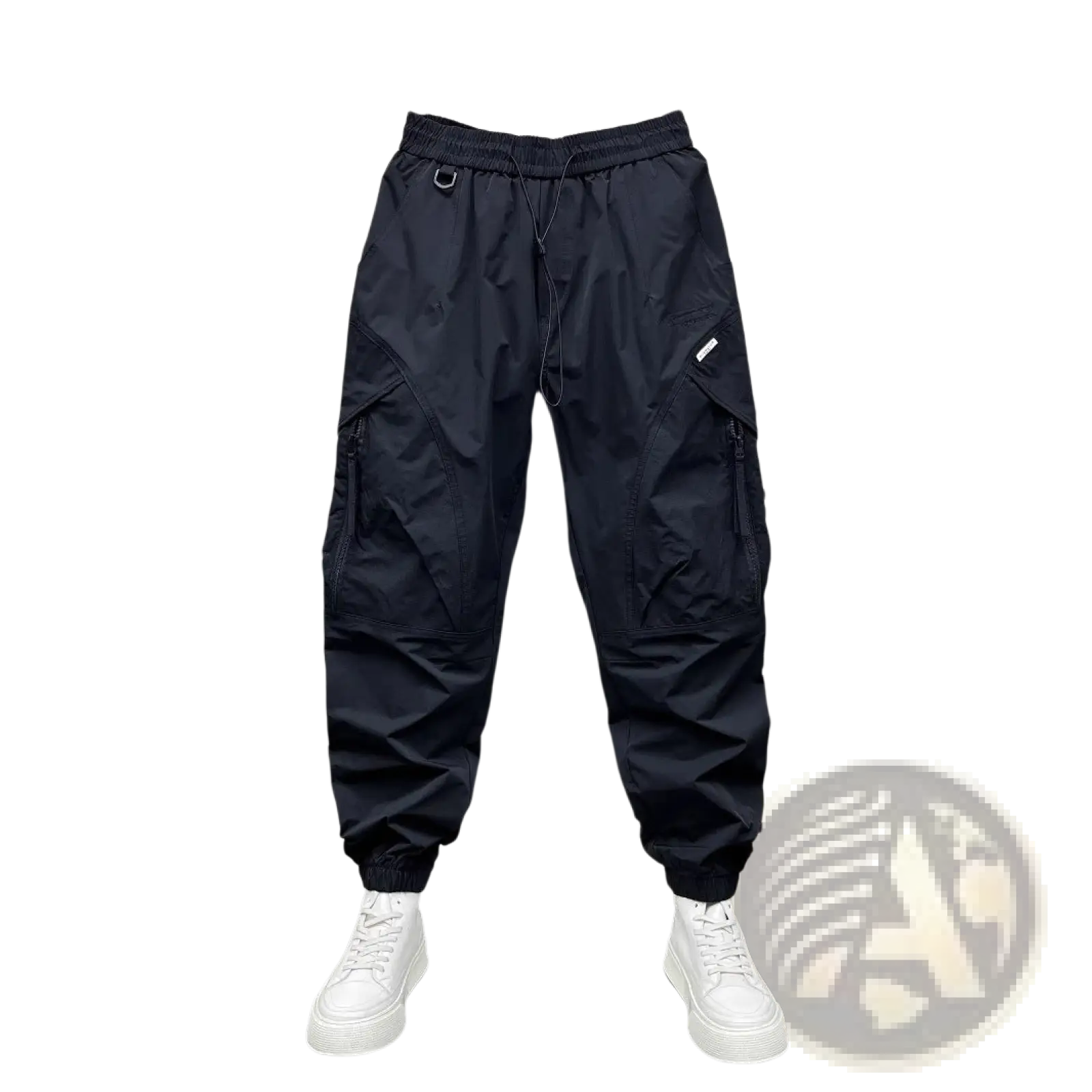 Men’s tapered cargo joggers in black with elastic waistband, drawstring, multiple pockets, and tapered legs