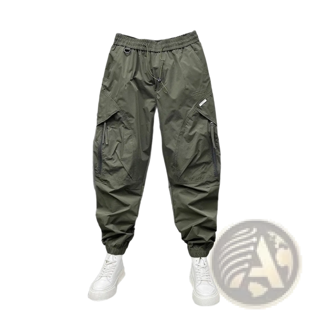 Men’s olive green tapered cargo joggers with multiple pockets elastic cuffs and elastic waist for comfortable fit