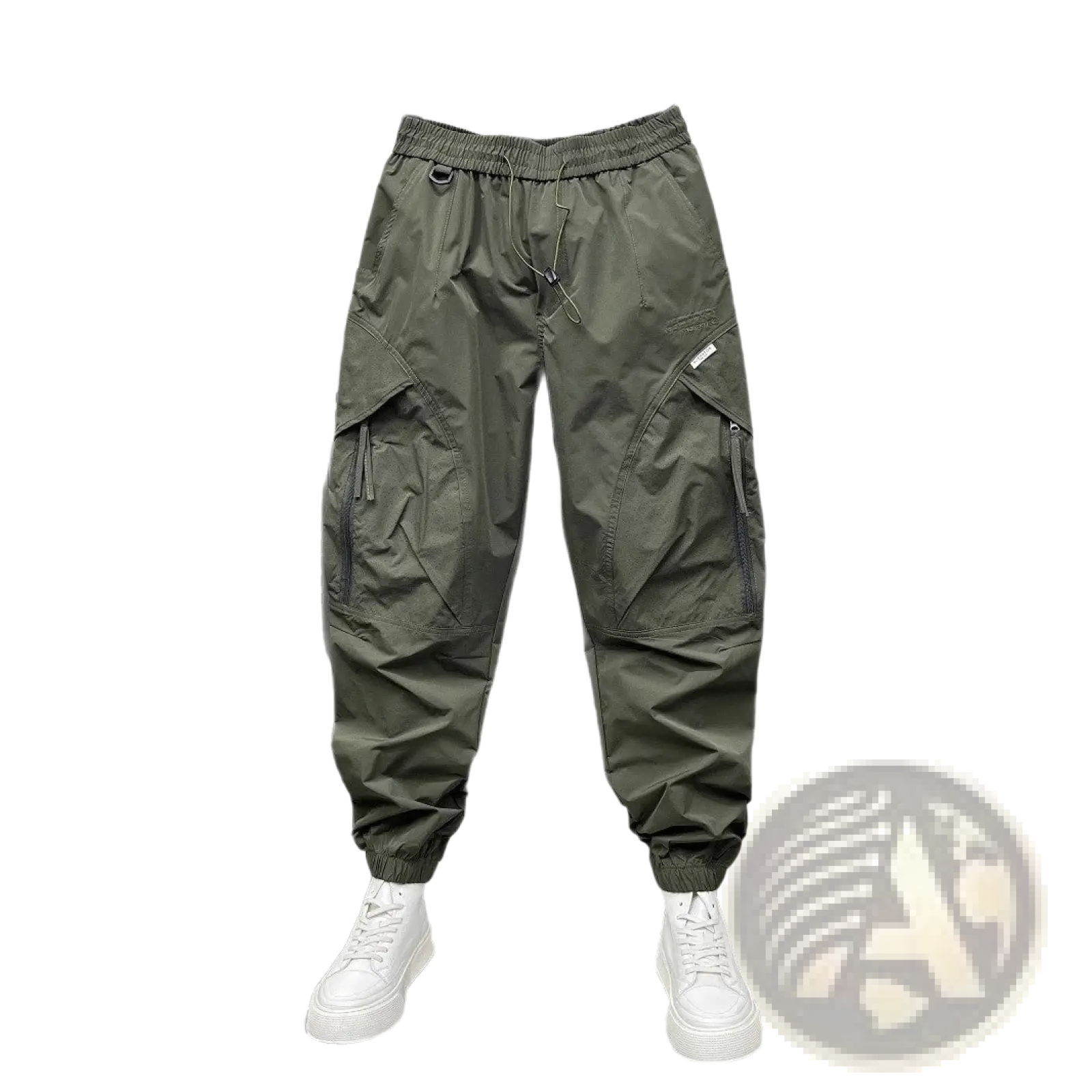 Men’s olive green tapered cargo joggers with multiple pockets elastic cuffs and elastic waist for comfortable fit