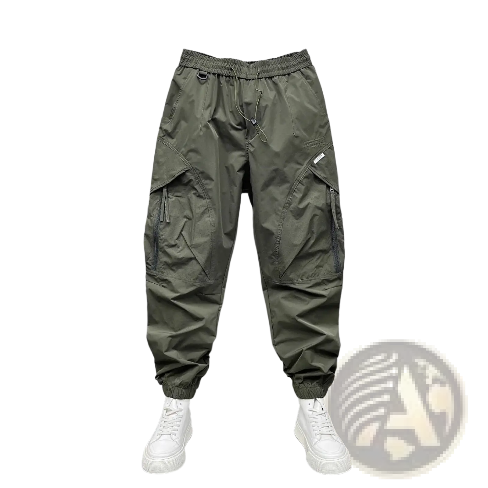 Men’s olive green tapered cargo joggers with multiple pockets elastic waist and cuffs for comfortable wear