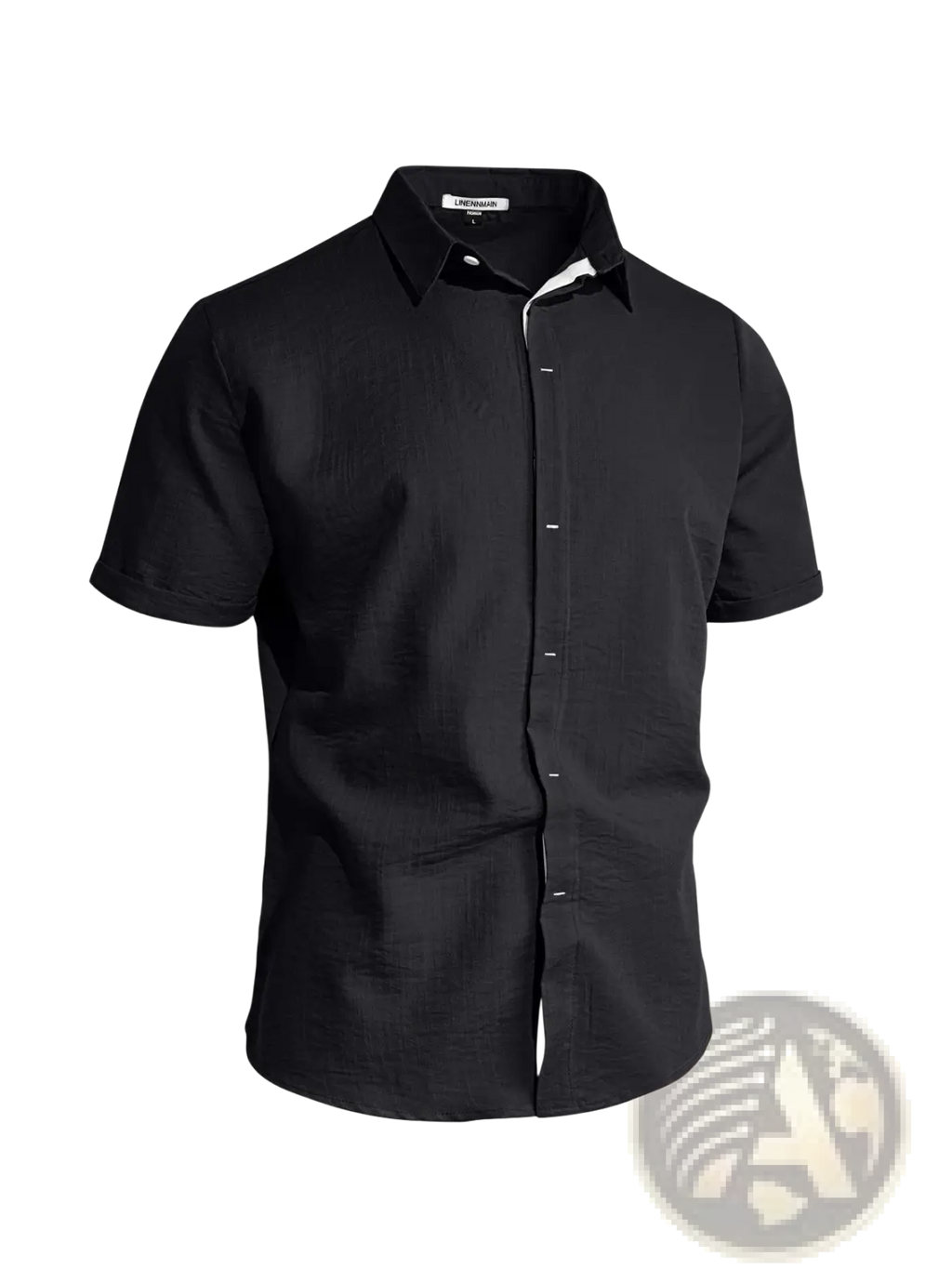 Men’s black textured bamboo linen short sleeve button down shirt with contrasting white inner collar and placket