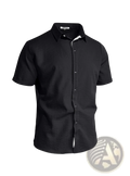 Men’s black textured bamboo linen short sleeve button down shirt with contrasting white inner collar and placket