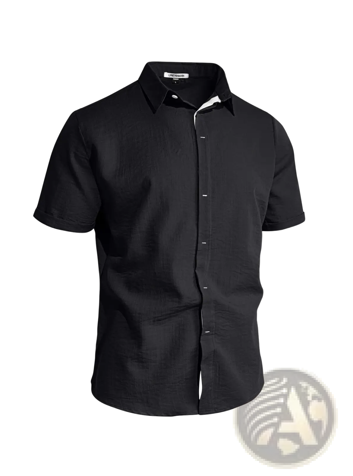 Men’s black textured bamboo linen short sleeve button down shirt with contrasting white inner collar and placket