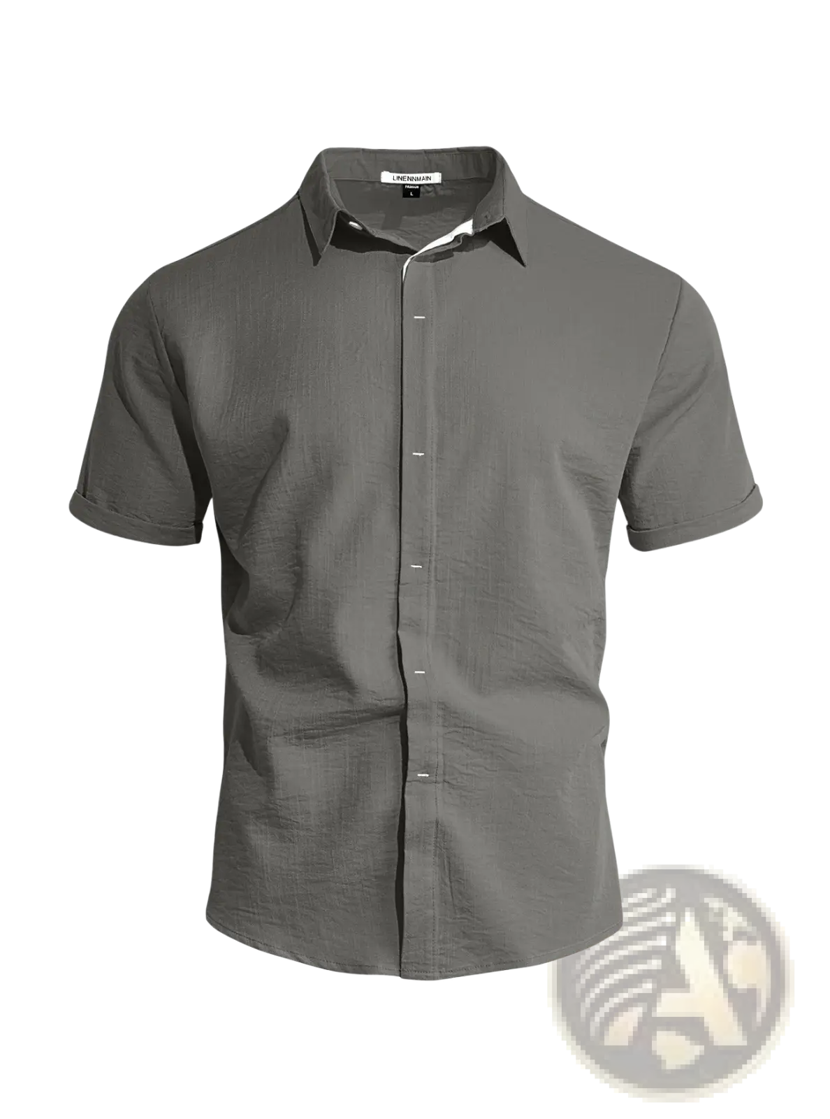 A sleek dark gray men’s textured bamboo linen short sleeve button down shirt with a crisp collar and subtle texture