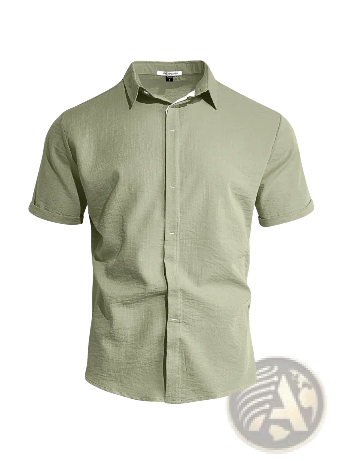 Men’s olive green short sleeve button up shirt made of textured bamboo linen with a classic collar