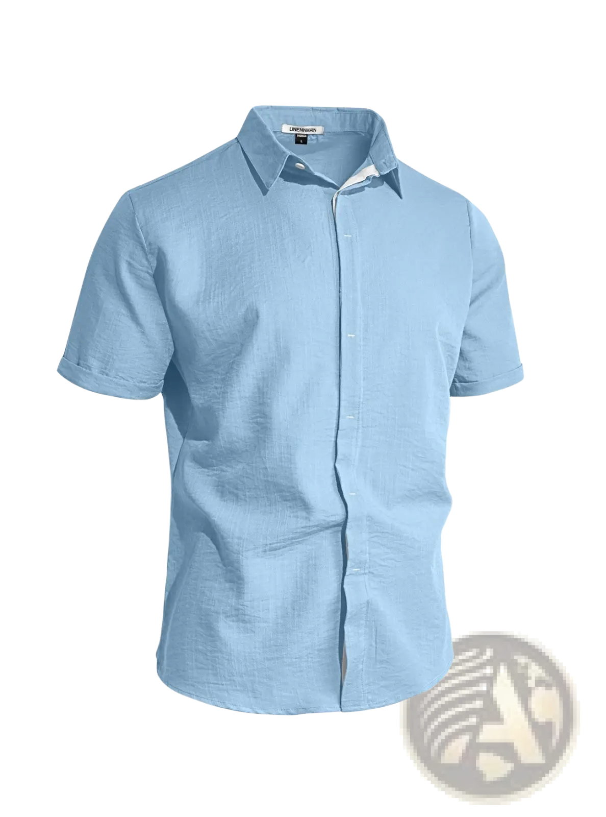 Men’s light blue short sleeve button down shirt made of textured bamboo linen with a crisp collar