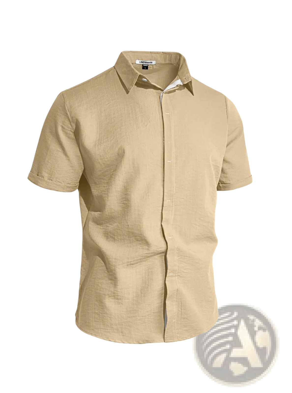 Beige men’s textured bamboo linen short sleeve button down shirt with classic collar and subtle texture