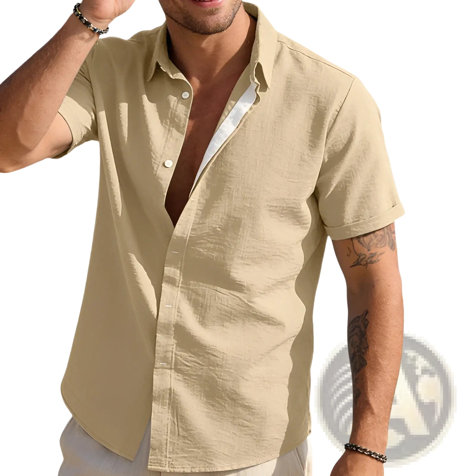 Beige men’s textured bamboo linen short sleeve button down shirt with subtle textured fabric and white inner lining