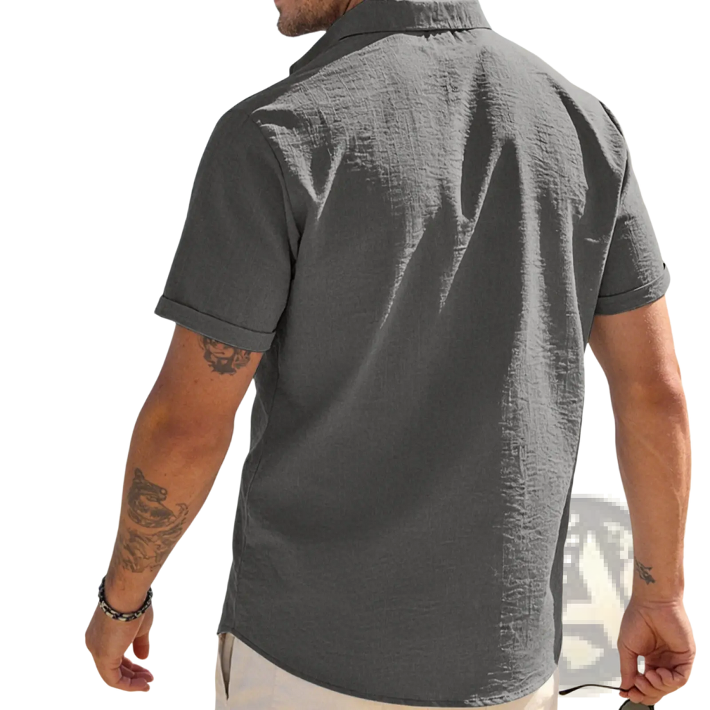 Men’s dark gray textured bamboo linen short sleeve button down shirt with subtle weave and rolled cuffs