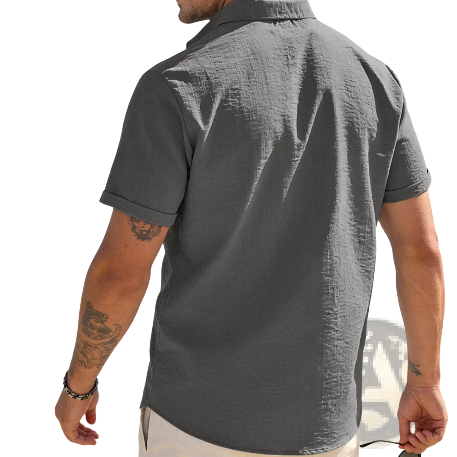 Men’s dark gray textured bamboo linen short sleeve button down shirt with subtle weave and rolled cuffs