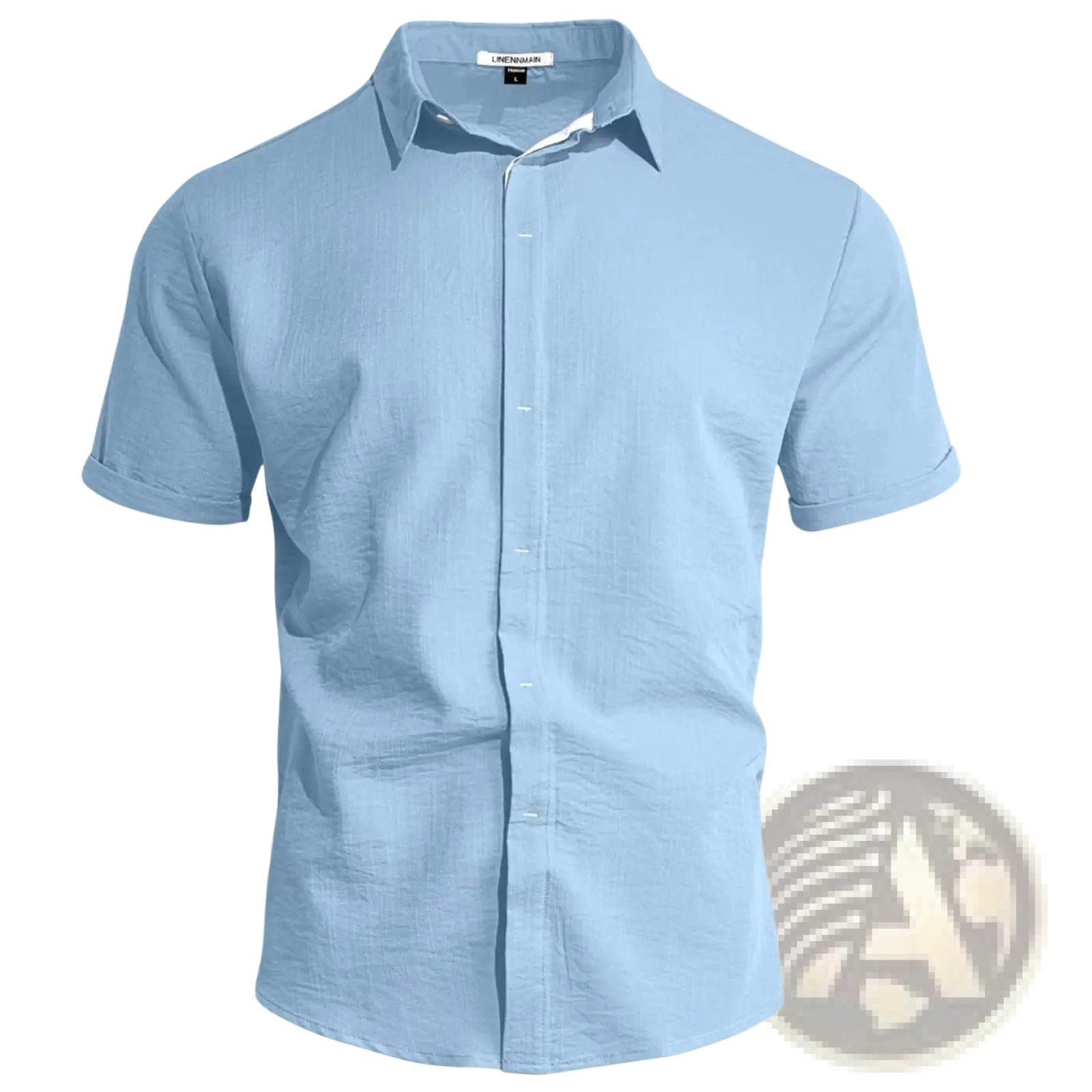Men’s light blue textured bamboo linen short sleeve button down shirt with classic collar and rolled cuffs