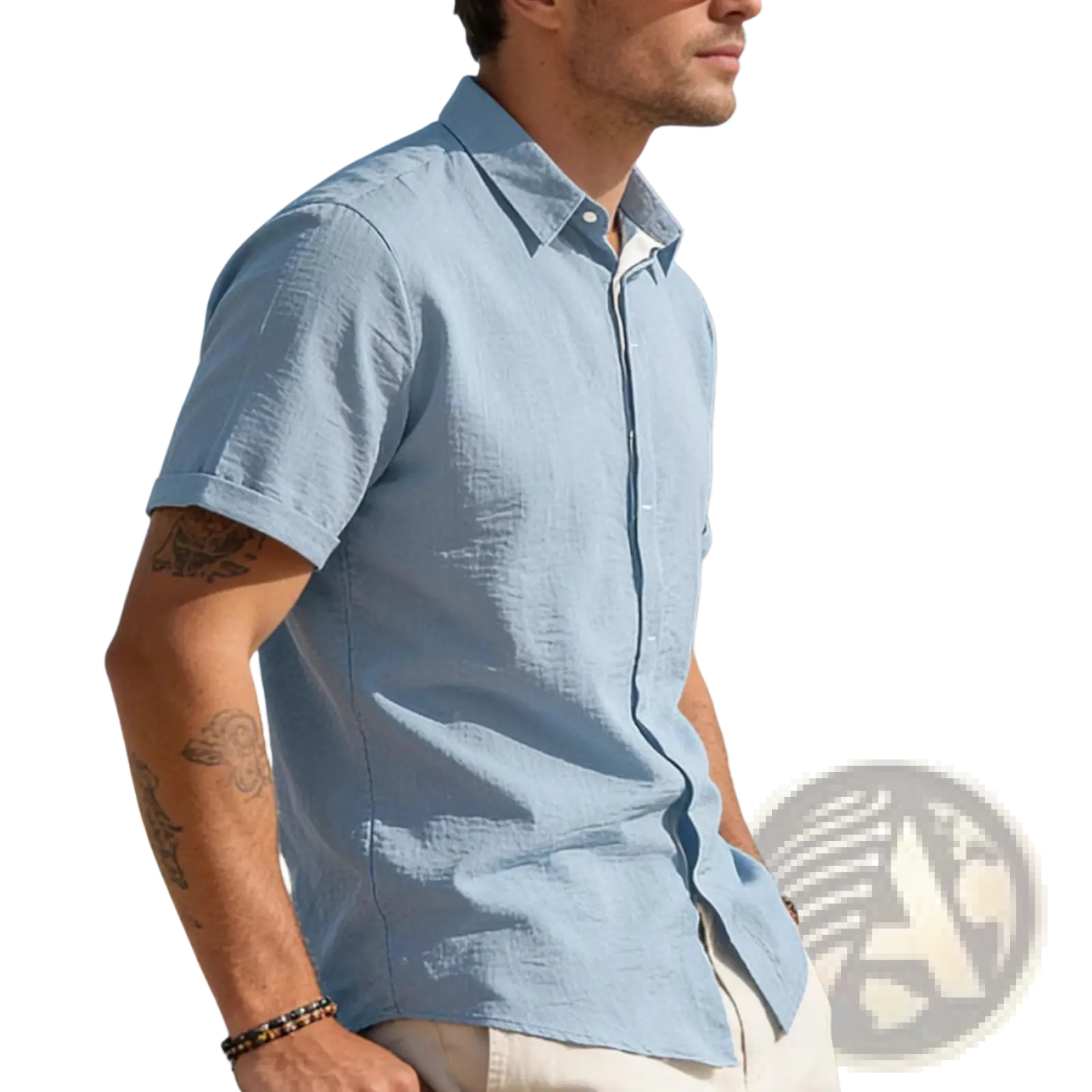 Men’s light blue textured bamboo linen short sleeve button down shirt with a button down collar and subtle texture