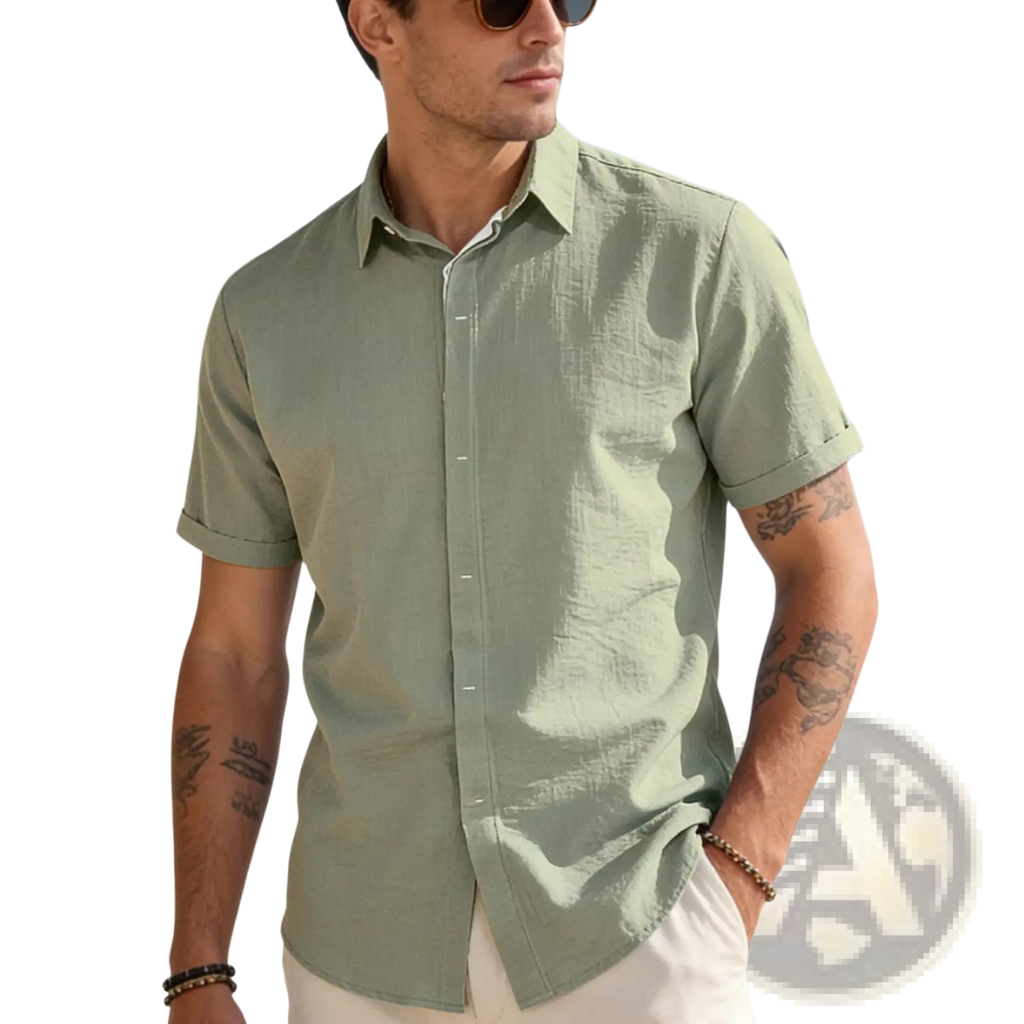Men’s light green textured bamboo linen short sleeve button down shirt with subtle fabric and rolled cuffs