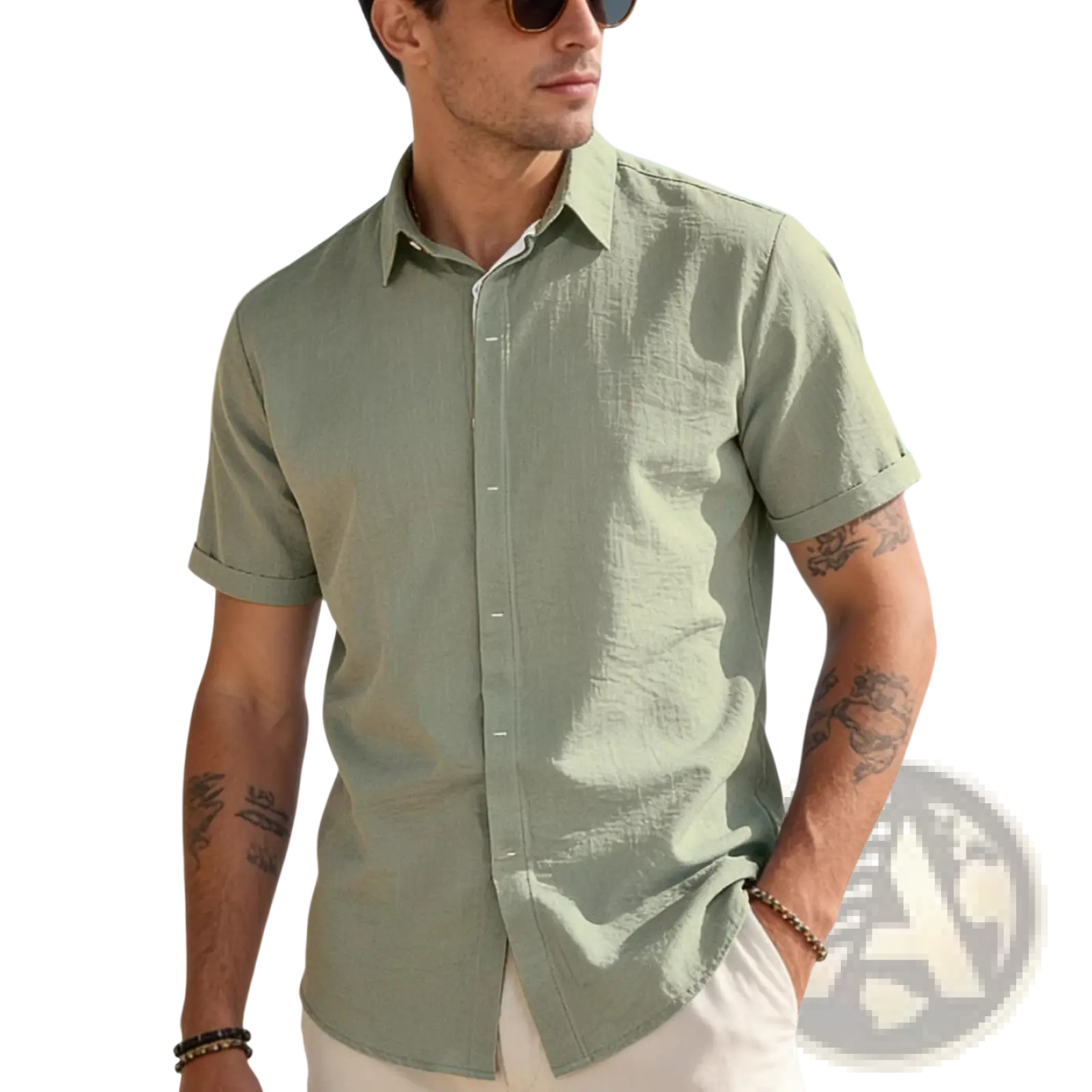 Men’s light green textured bamboo linen short sleeve button down shirt with subtle fabric and rolled cuffs