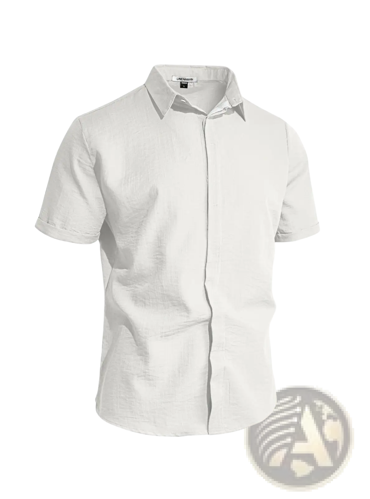 Men’s white textured bamboo linen short sleeve button down shirt with classic collar and subtle texture