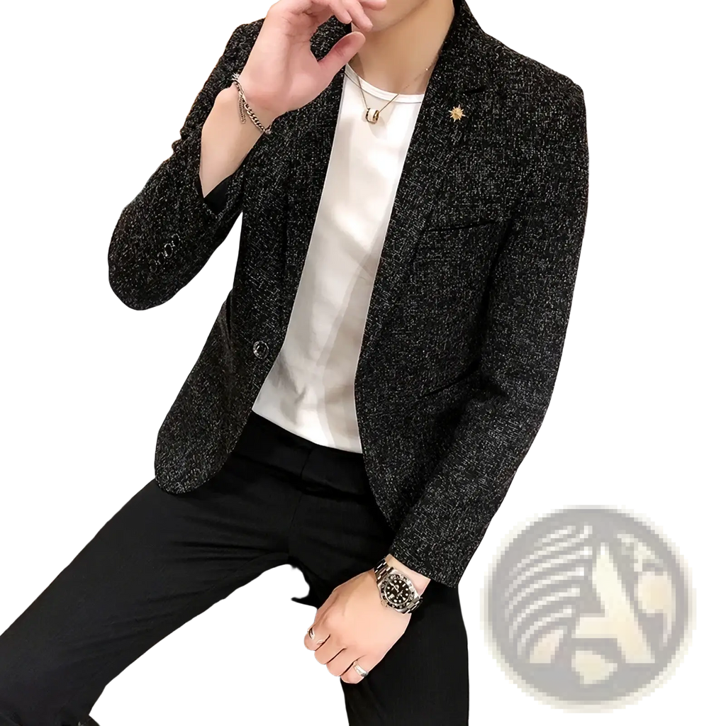 Mens textured business casual suit blazer in black with subtle shimmer single button closure and gold star lapel pin