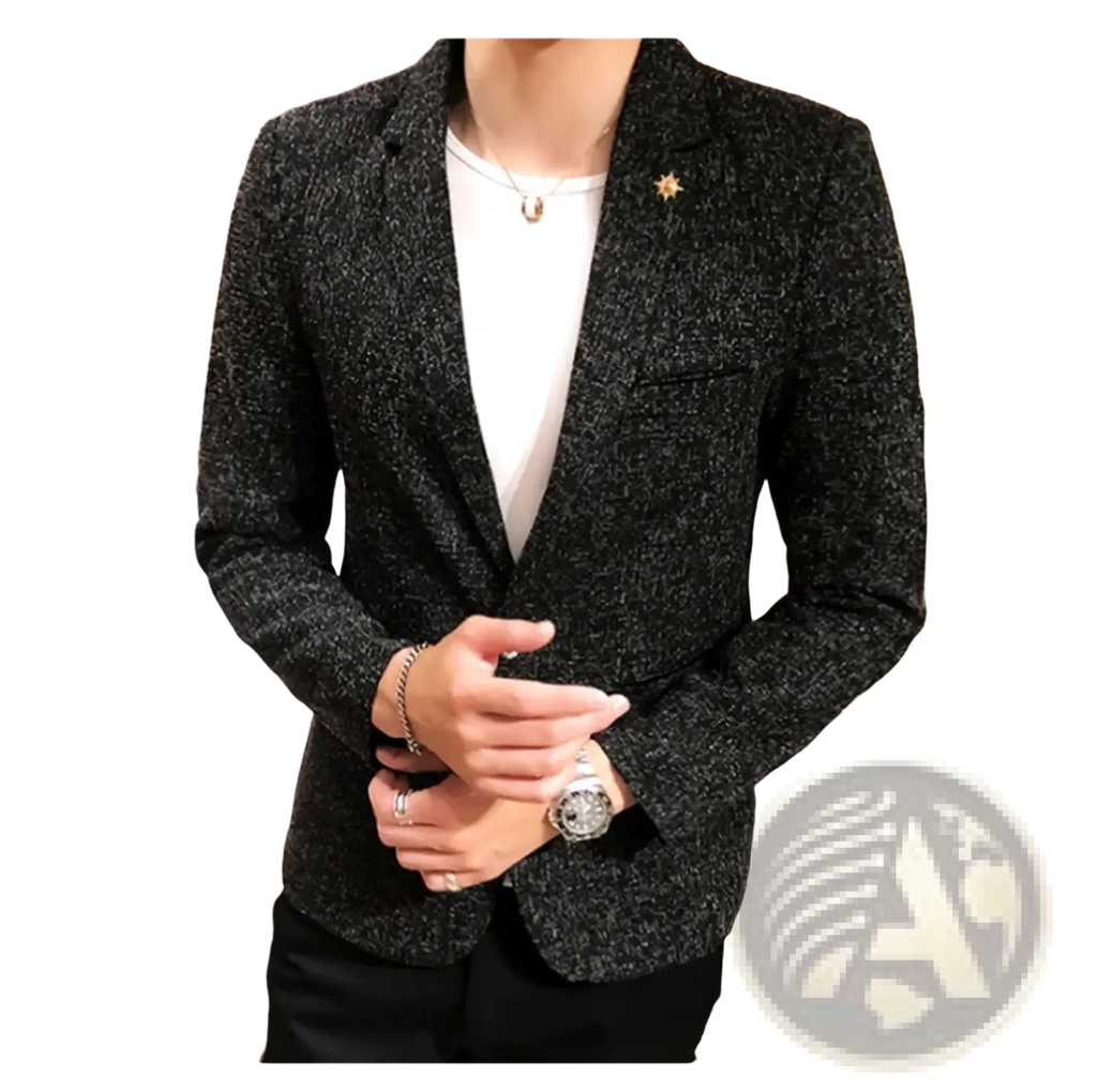 Mens textured business casual suit blazer in black with subtle speckled pattern and gold star pin on the lapel
