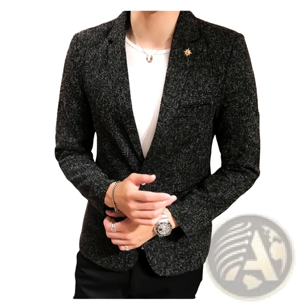Mens textured business casual suit blazer in black with subtle speckled pattern and gold star pin on the lapel