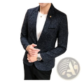 Mens textured business casual suit blazer in dark blue with a subtle shimmer and a gold star pin on the left lapel