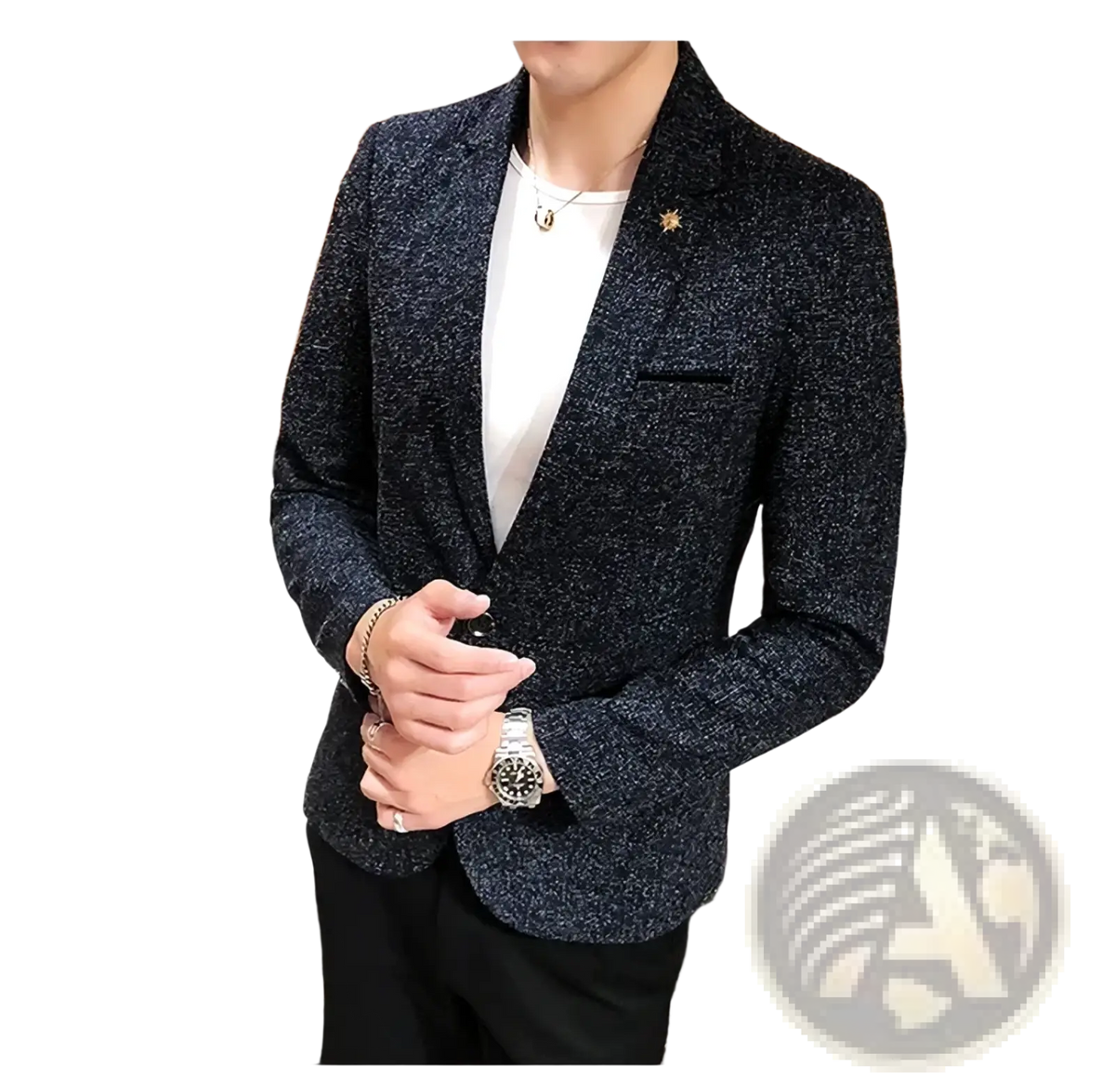 Mens textured business casual suit blazer in dark blue with a subtle shimmer and a gold star pin on the left lapel