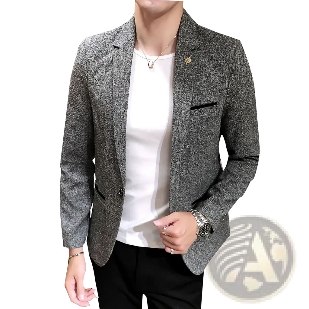 Mens textured business casual suit blazer in gray with subtle pattern and black trim for a refined professional look