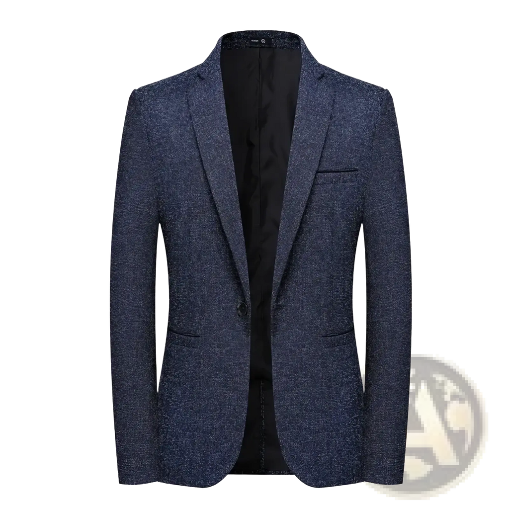Navy blue textured mens business casual suit blazer with black inner lining ideal for professional attire