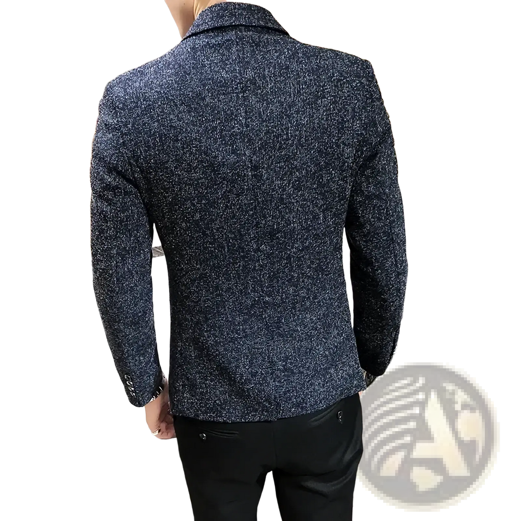 Mens textured business casual suit blazer in navy blue wool with a speckled pattern and classic notched lapel