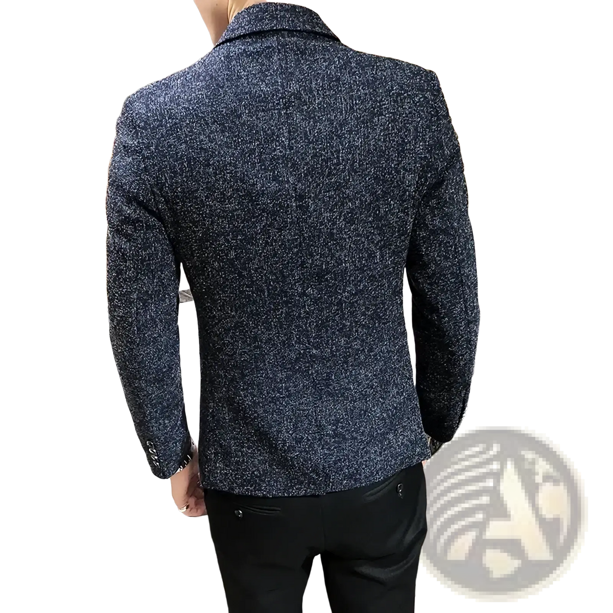 Mens textured business casual suit blazer in navy blue wool with a speckled pattern and classic notched lapel