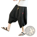 Men’s dark gray textured cotton wide leg lantern harem shorts with loose fit and red embroidered patch on thigh