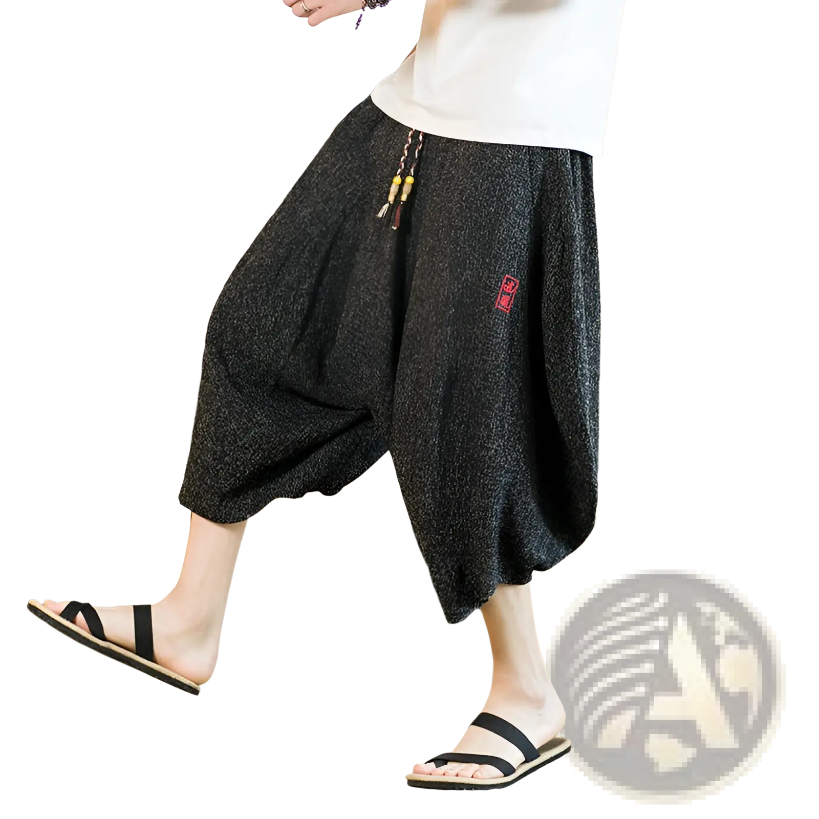 Men’s dark gray textured cotton wide leg lantern harem shorts with loose fit and red embroidered patch on thigh