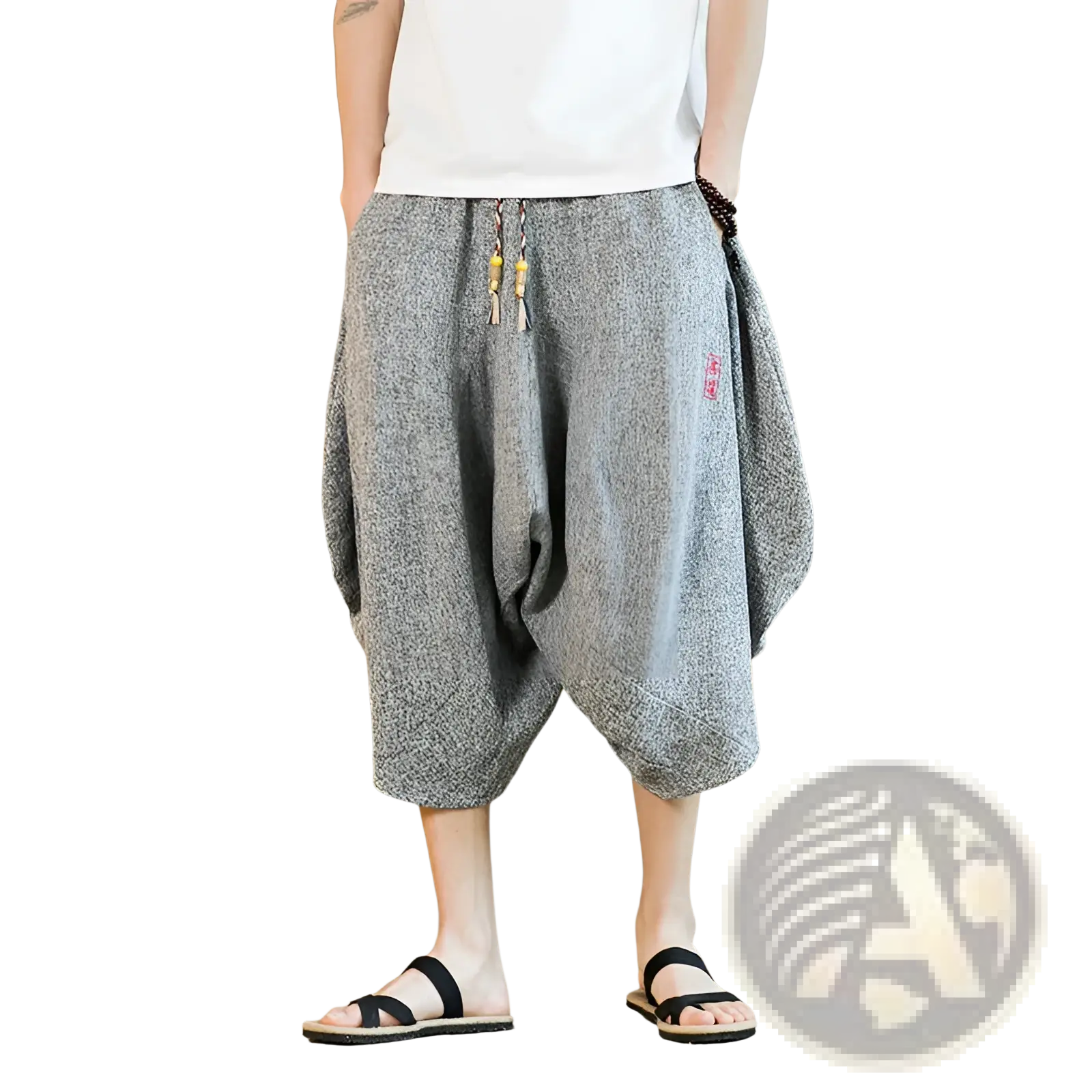 Men’s gray textured cotton wide leg lantern harem shorts with drawstring waist and subtle embroidered detail