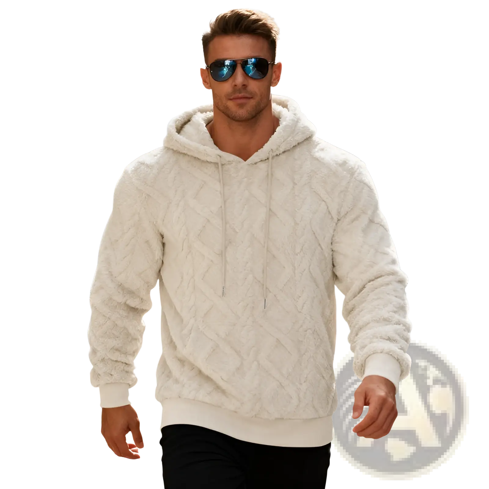 Men’s cream-colored textured knit hoodie with cozy fleece-lined hood and ribbed cuffs for warmth and comfort
