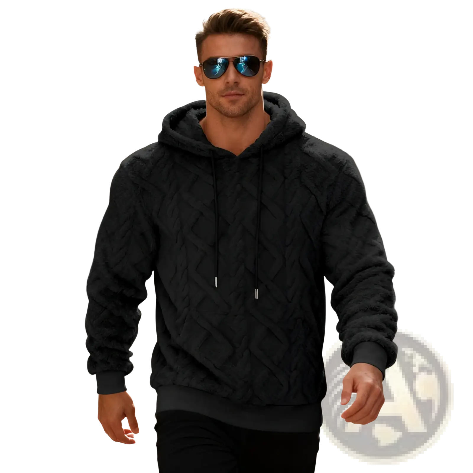 Men’s black cable-knit fleece lined knit hoodie with ribbed cuffs and hem for warmth and comfort