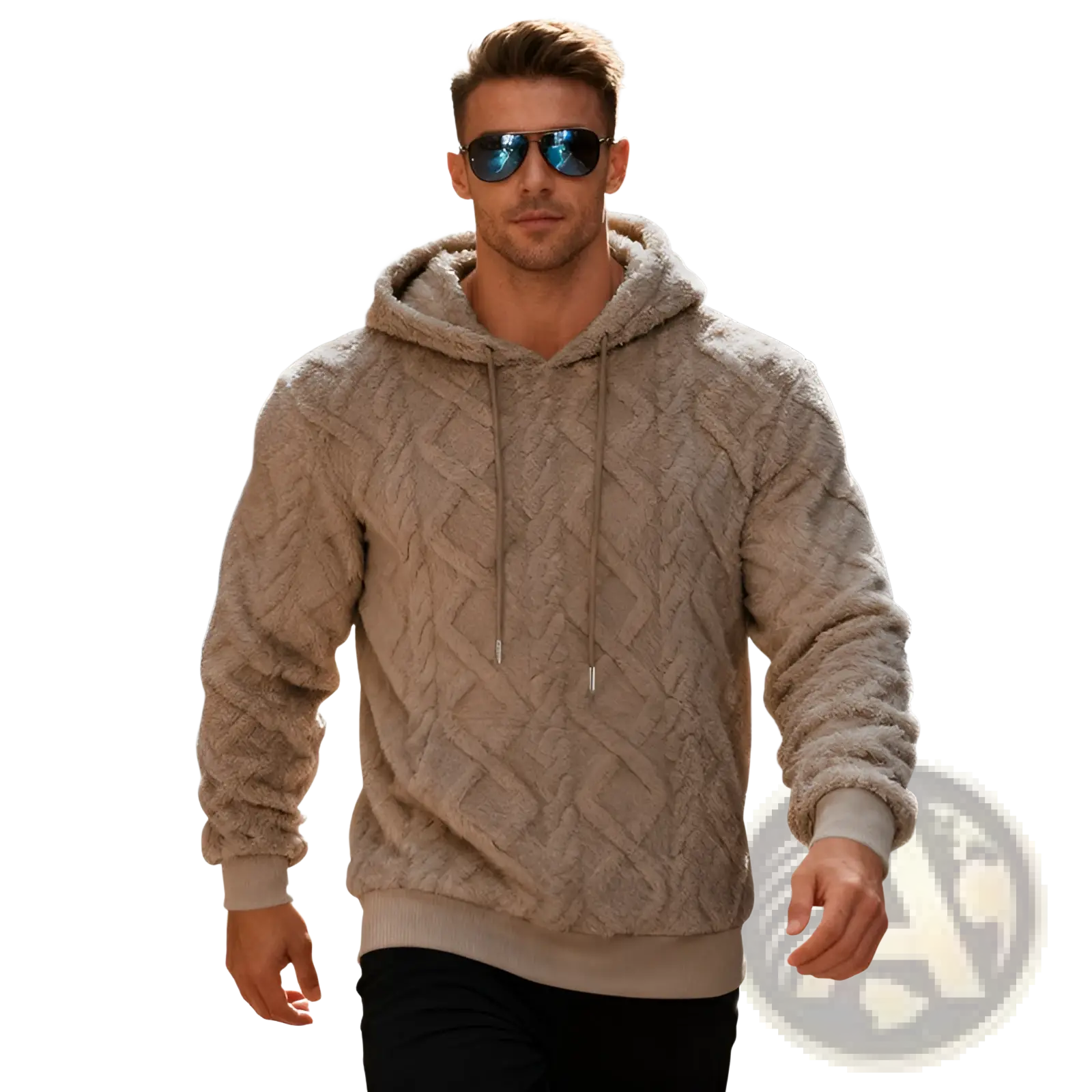 Men’s beige textured knit hoodie with cozy fleece-lined hood and ribbed cuffs for warmth and comfort