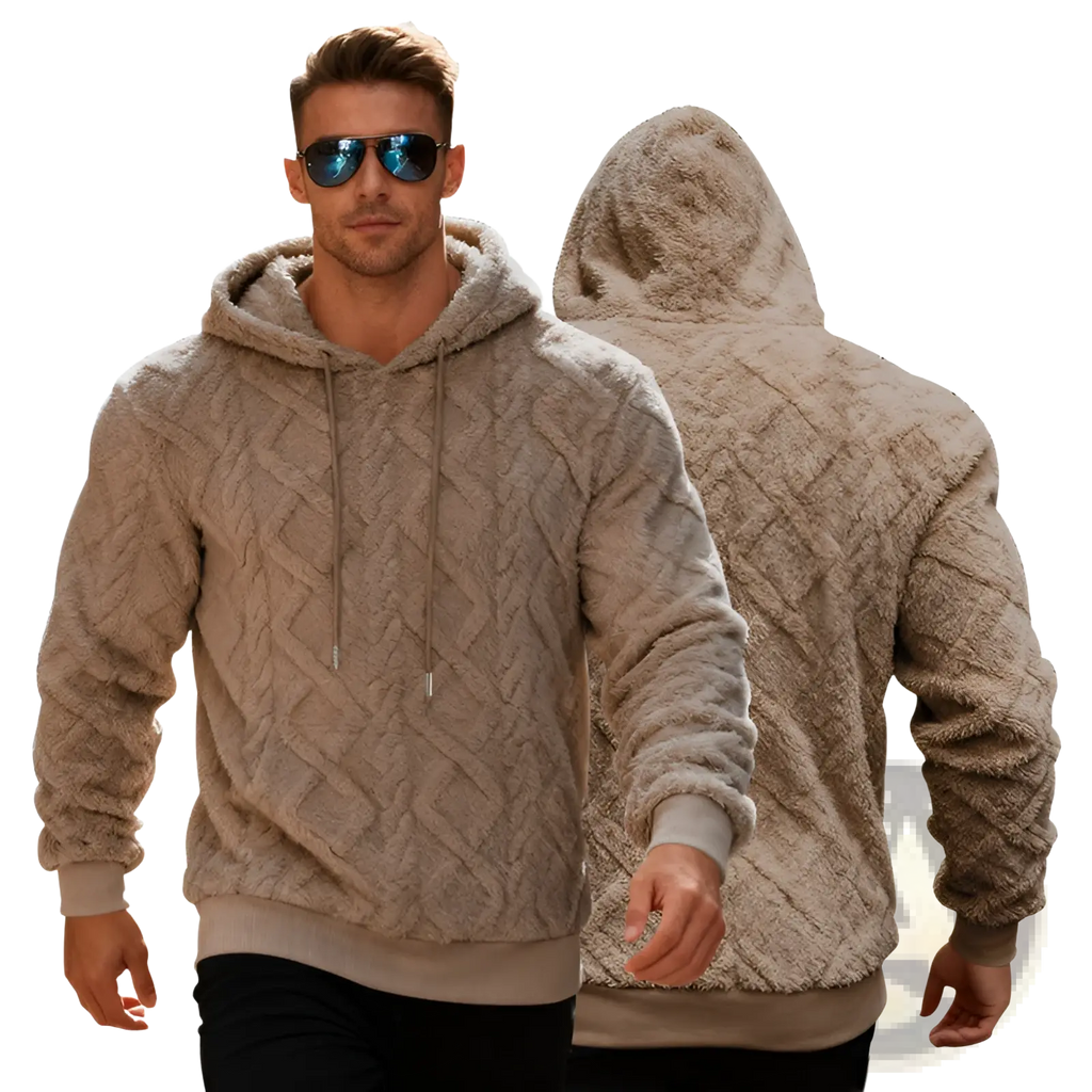 Men’s beige textured knit hoodie with cozy fleece lined interior and matching drawstrings for warmth and comfort